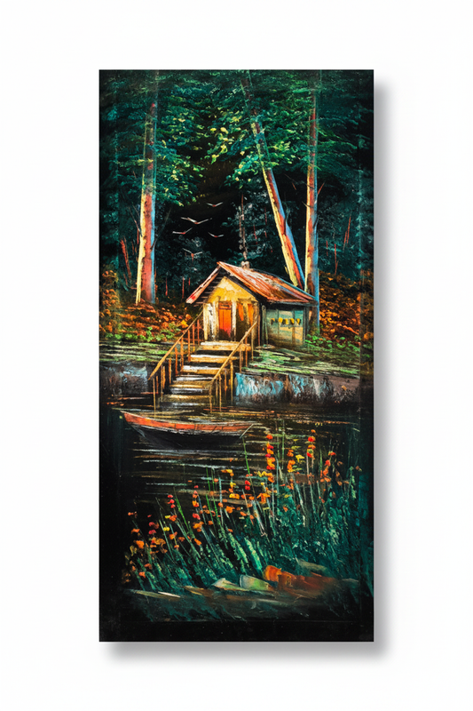 Original oil painting on white background with shadow – forest boathouse at night
