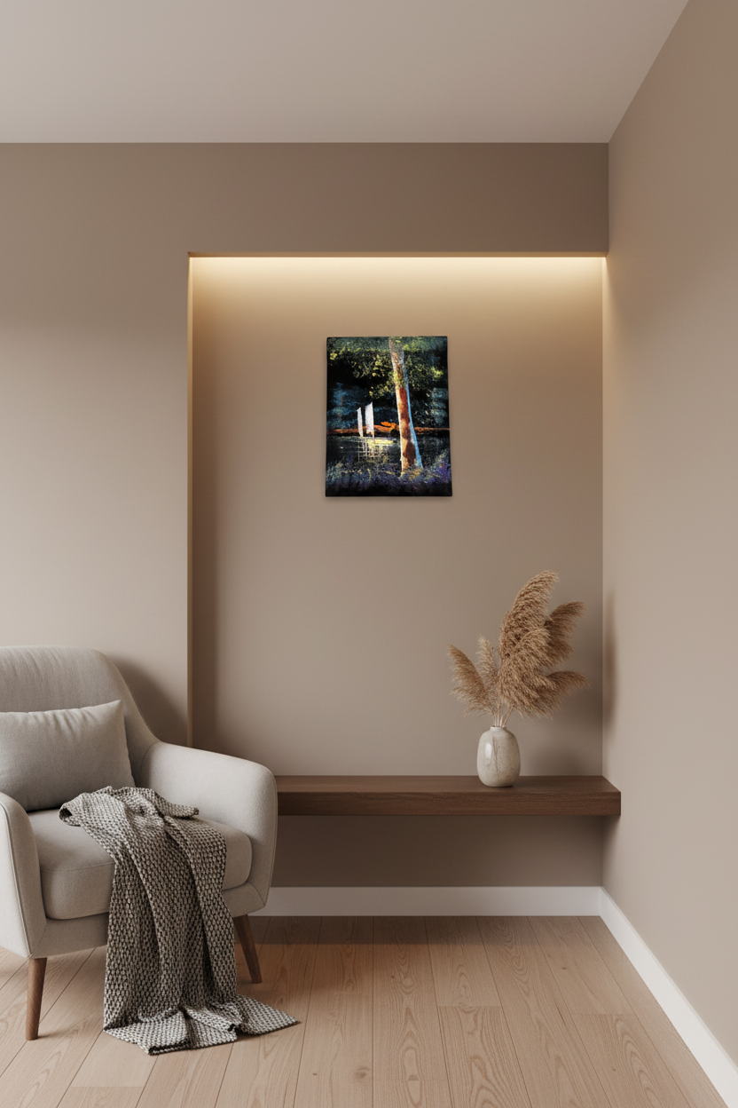 Serene garden canvas art displayed in small cozy room lifestyle photo