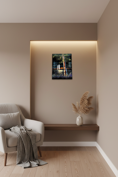 Serene garden canvas art displayed in small cozy room lifestyle photo