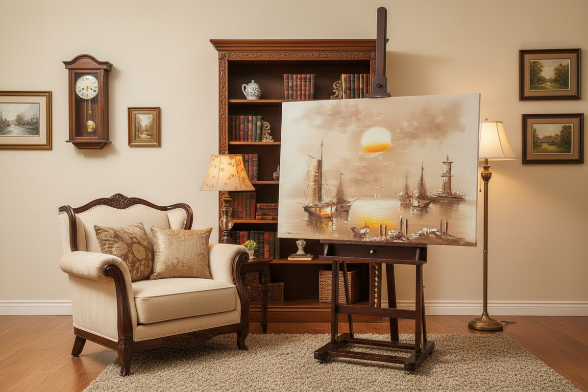Original harbor sunset oil painting on wooden easel stand in an elegant traditional living room, unframed canvas