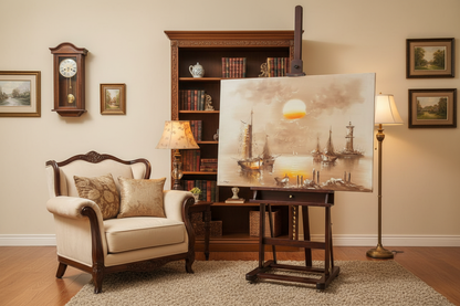 Original harbor sunset oil painting on wooden easel stand in an elegant traditional living room, unframed canvas