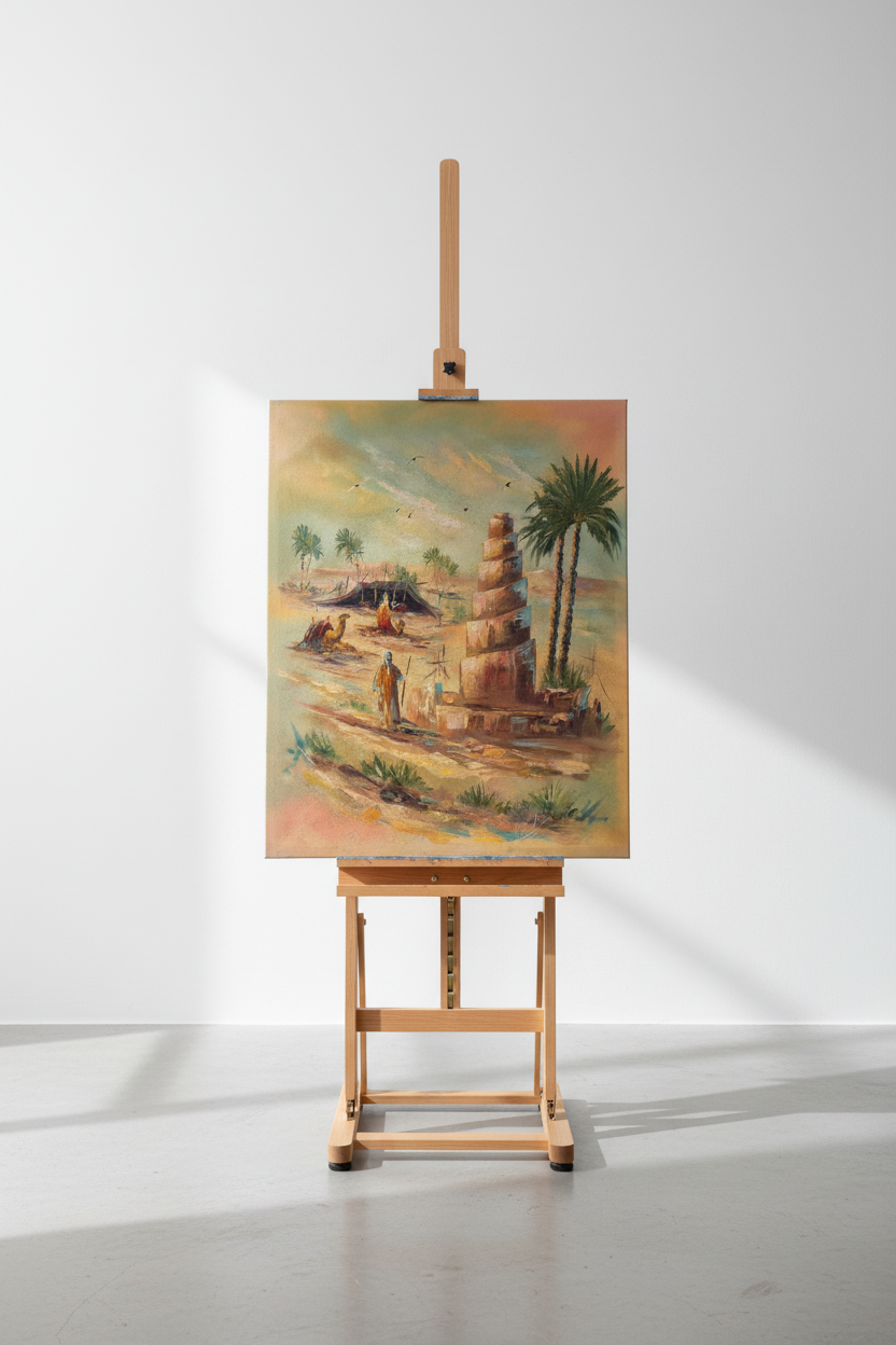 Ancient Desert Minaret painting on display easel stand – gallery presentation