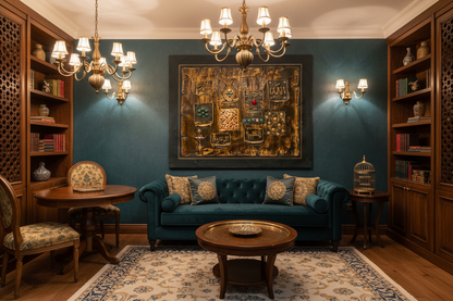 Islamic mixed media relief art displayed frameless in sophisticated dining area