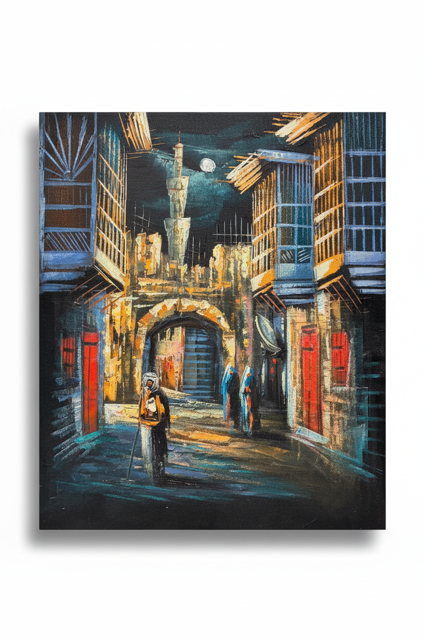 Middle Eastern old city bazaar archway night scene canvas art on white background with drop shadow – 20x24 inches product shot