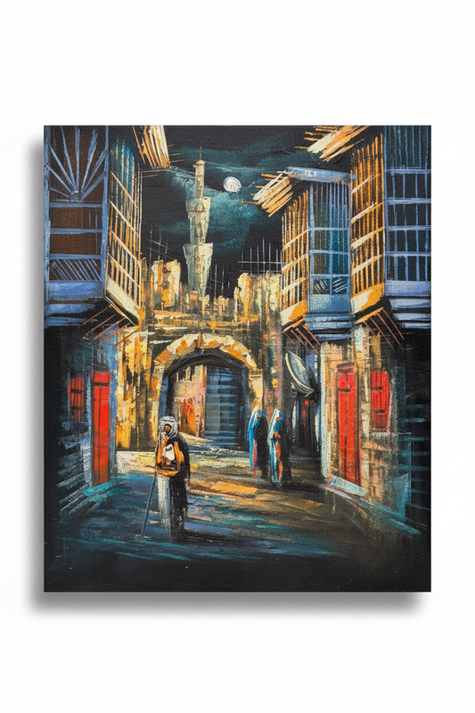 Middle Eastern old city bazaar archway night scene canvas art on white background with drop shadow – 20x24 inches product shot