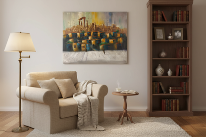 Original abstract Middle Eastern cityscape oil painting displayed in a cozy sitting and reading room — frameless wall art