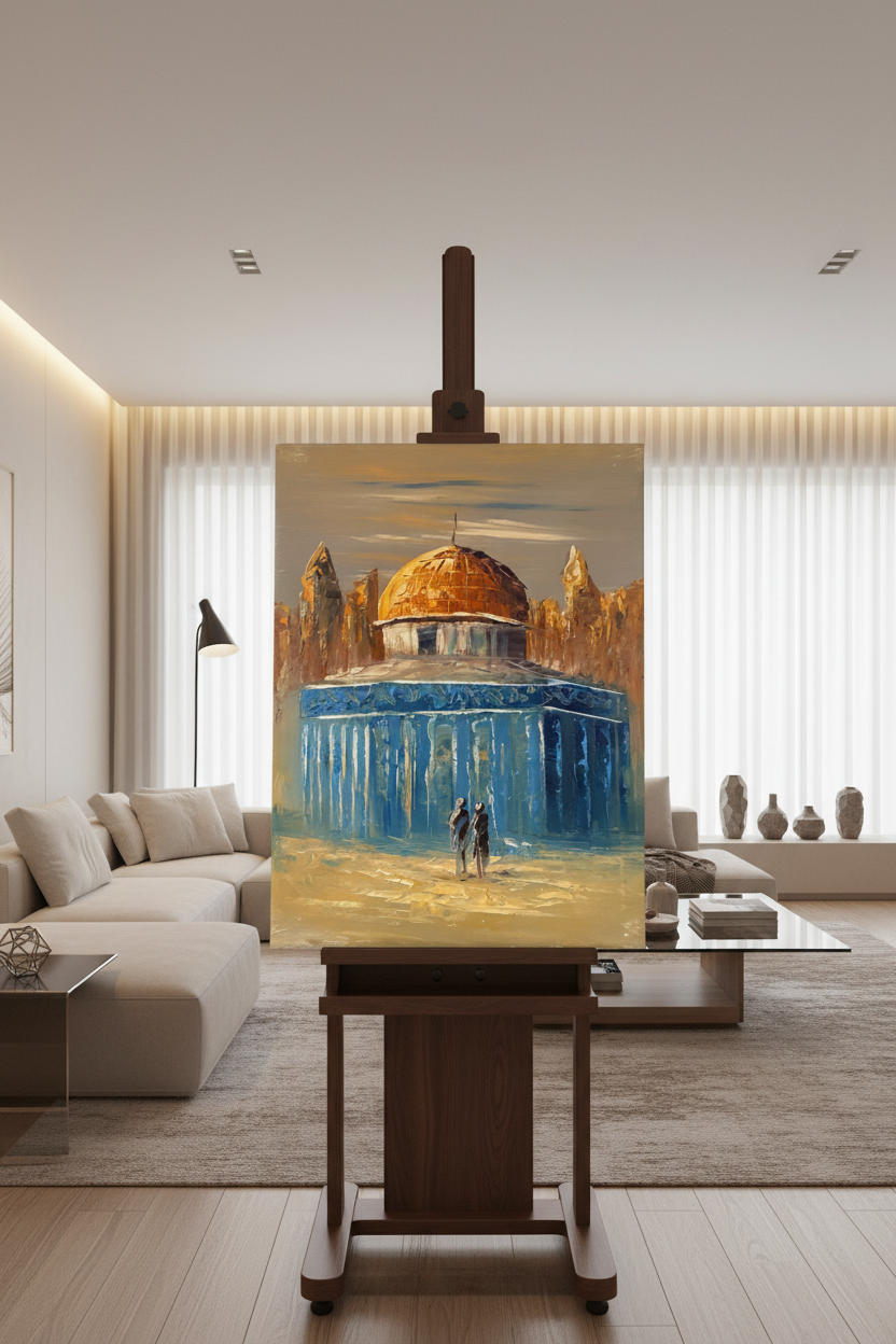 Dome of the Rock close view oil painting on wooden art stand in modern living room – no frame