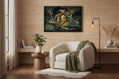 Riverside cabin canvas art in cozy sitting area or reading nook — lifestyle interior mockup