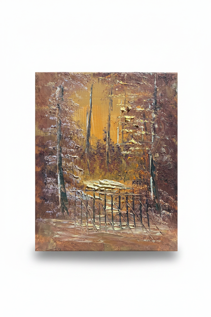 Forest gate impasto oil painting isolated on white background with soft drop shadow — no frame