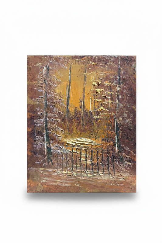 Forest gate impasto oil painting isolated on white background with soft drop shadow — no frame