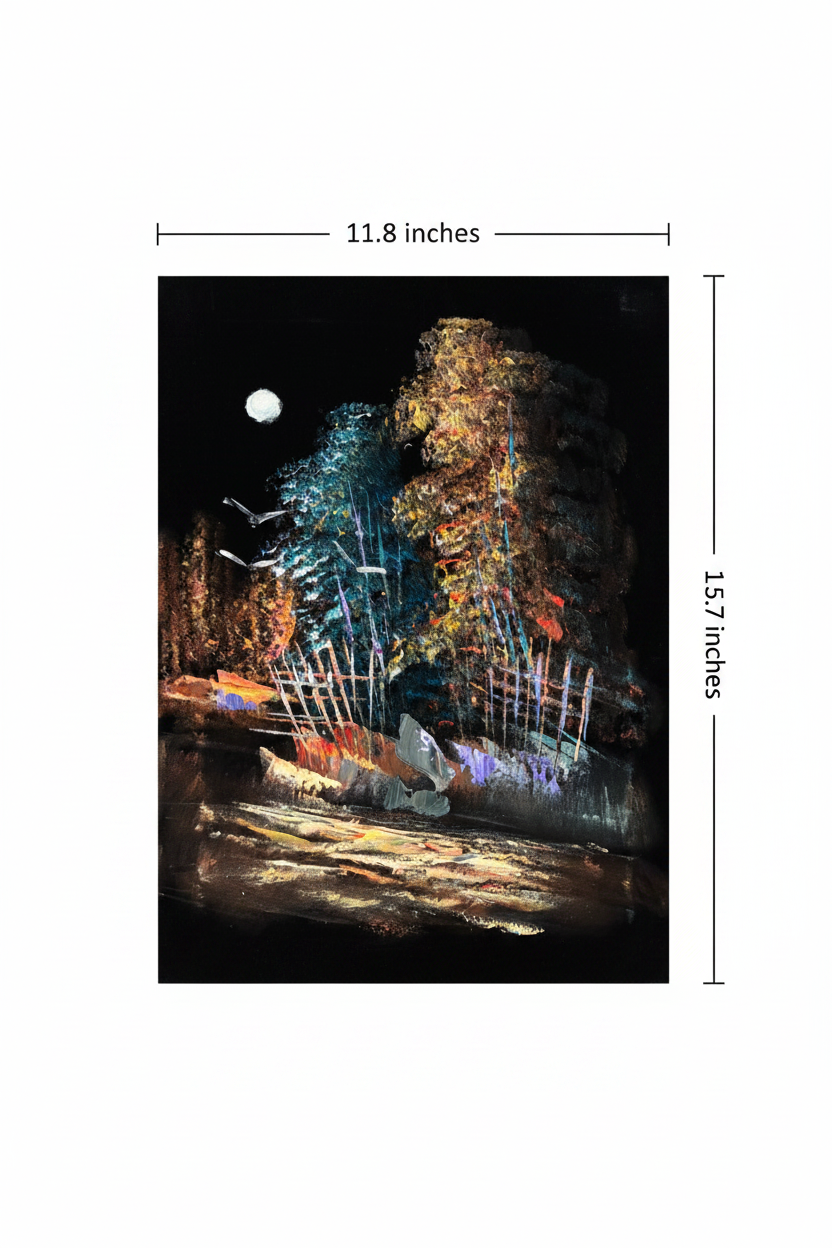 Moonlit Forest at Night oil painting flat lay with dimensions — 11.8 inches wide by 15.7 inches tall, 30x40cm portrait canvas
