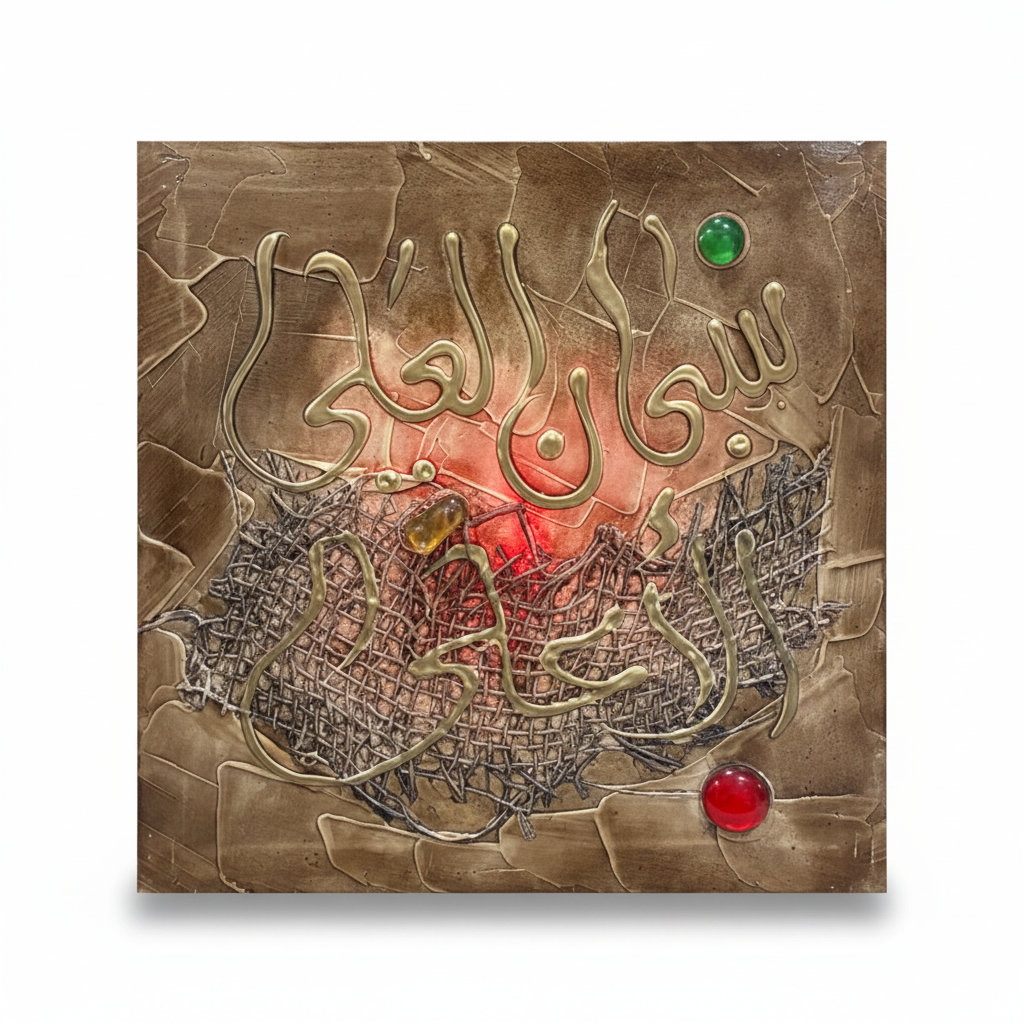 Islamic calligraphy bronze gold wall art on white background with shadow