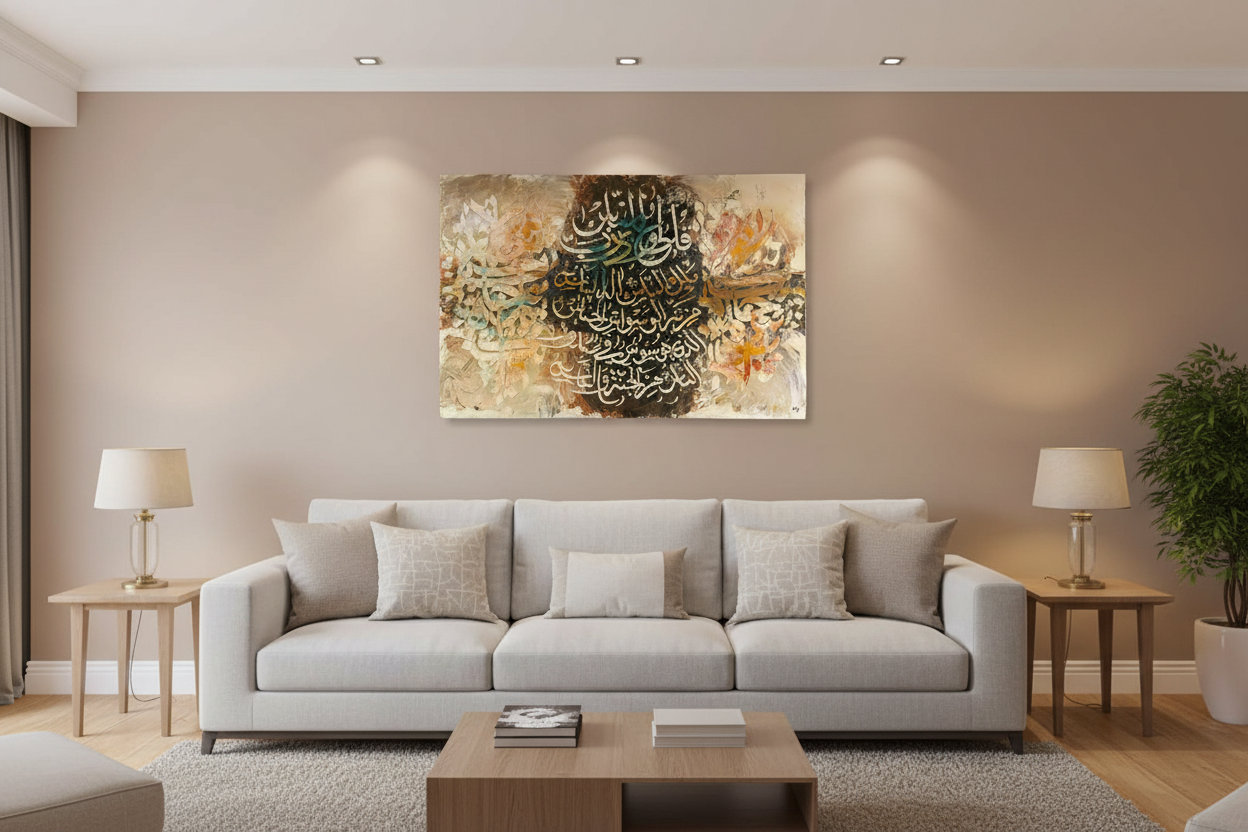 Surah An-Nas Islamic calligraphy canvas displayed in a modern living room above a sofa, no frame