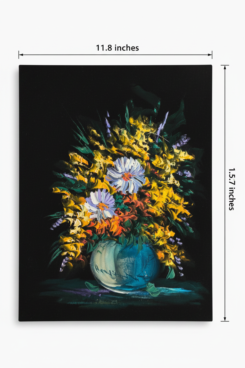 Floral Bouquet in Teal Vase oil painting flat lay with dimensions — 11.8 inches wide by 15.7 inches tall, 30x40cm portrait canvas