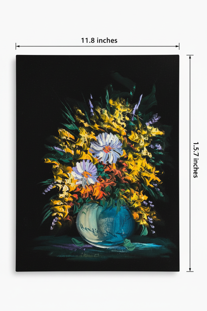 Floral Bouquet in Teal Vase oil painting flat lay with dimensions — 11.8 inches wide by 15.7 inches tall, 30x40cm portrait canvas