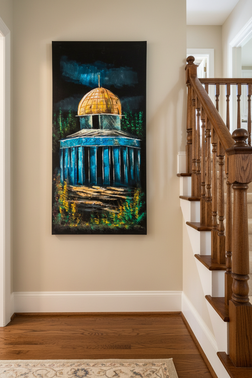 Dome of the Rock painting displayed in elegant staircase interior setting