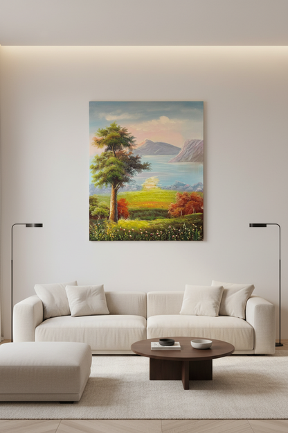 Lakeside landscape oil painting mounted on empty wall in a modern luxury living room