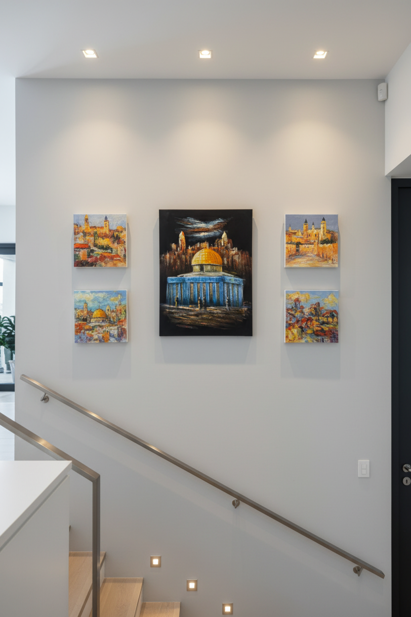 Dome of the Rock Jerusalem skyline night canvas art displayed on staircase gallery wall in modern home lifestyle photo