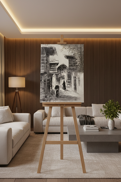 B&W old town alleyway oil painting on wooden art stand in modern living room – no frame