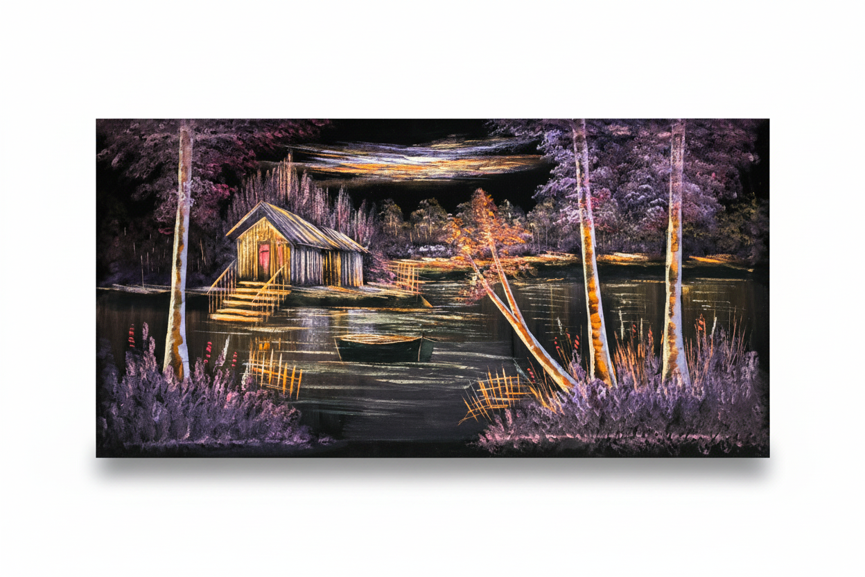 Purple and gold lakeside cabin night scene canvas wall art on white background with shadow – 47x24 inches