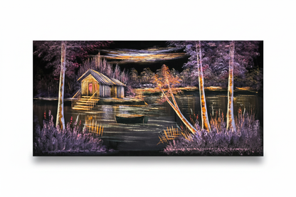 Purple and gold lakeside cabin night scene canvas wall art on white background with shadow – 47x24 inches