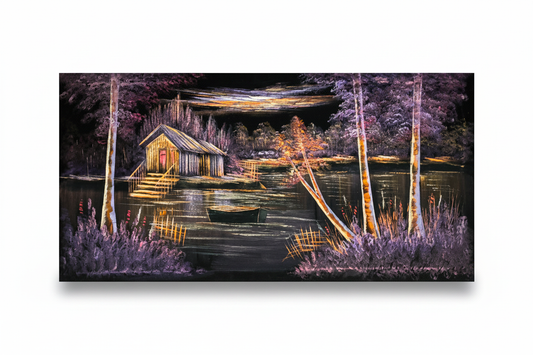 Purple and gold lakeside cabin night scene canvas wall art on white background with shadow – 47x24 inches