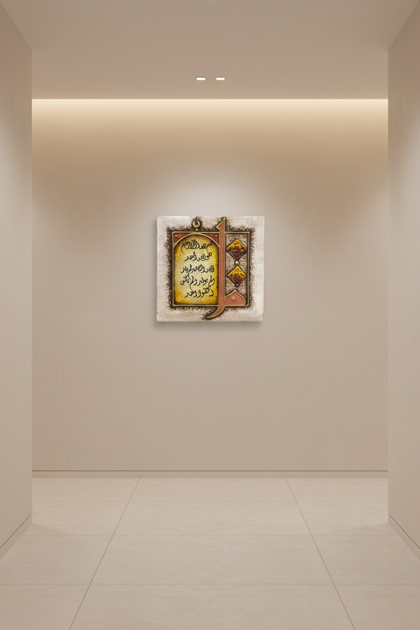 Surah Al-Ikhlas calligraphy canvas hanging on empty hallway wall – minimal modern interior
