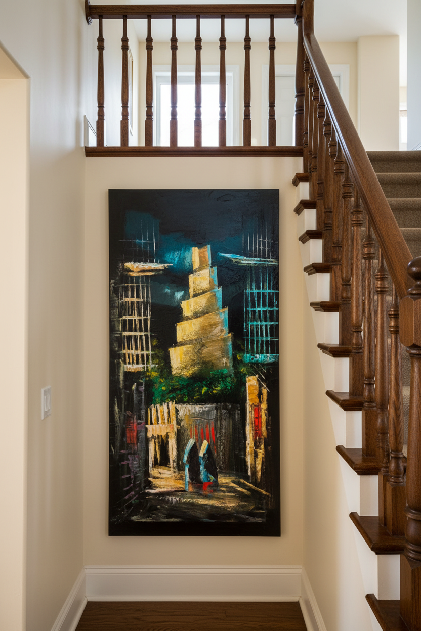 Malwiya Minaret painting displayed in elegant staircase interior setting