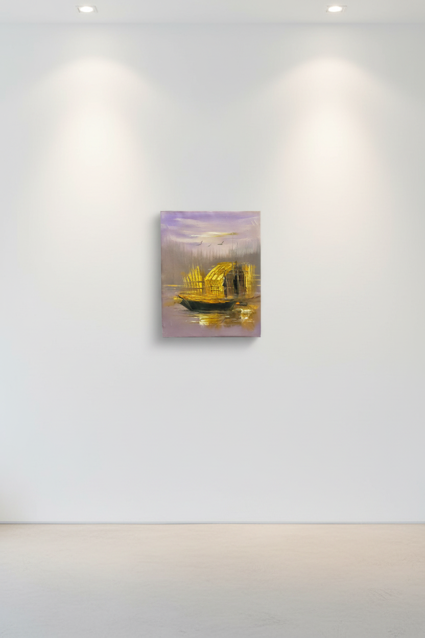 Original Iraqi marsh mudhif impasto oil painting displayed unframed on clean empty white wall