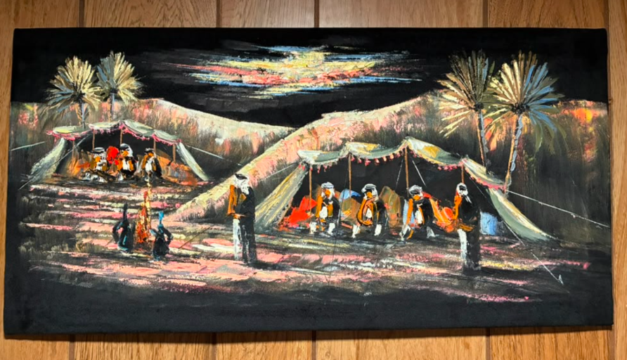Bedouin Desert Camp at Night — Original Oil Painting on Canvas | 23.62" × 11.81"