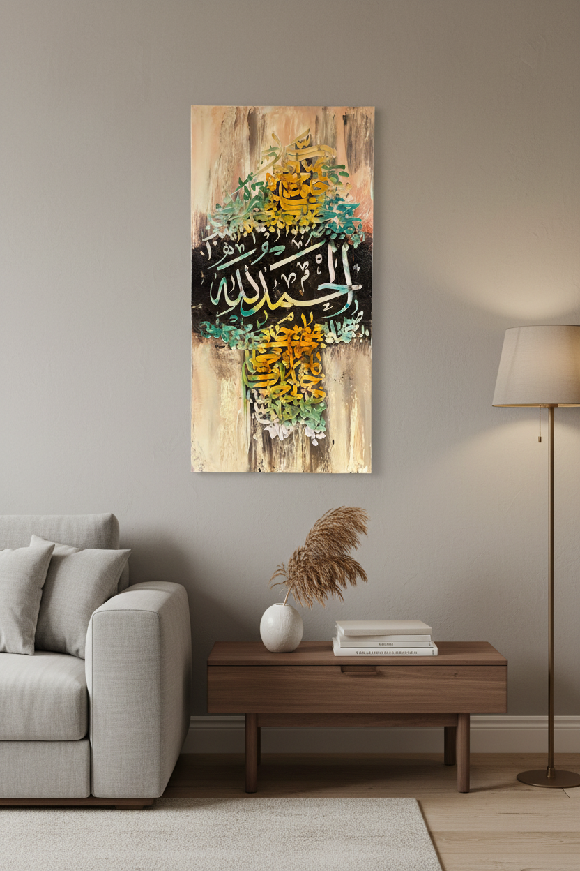 Alhamdulillah Islamic calligraphy canvas art displayed in a luxury living room – lifestyle mockup, no frame
