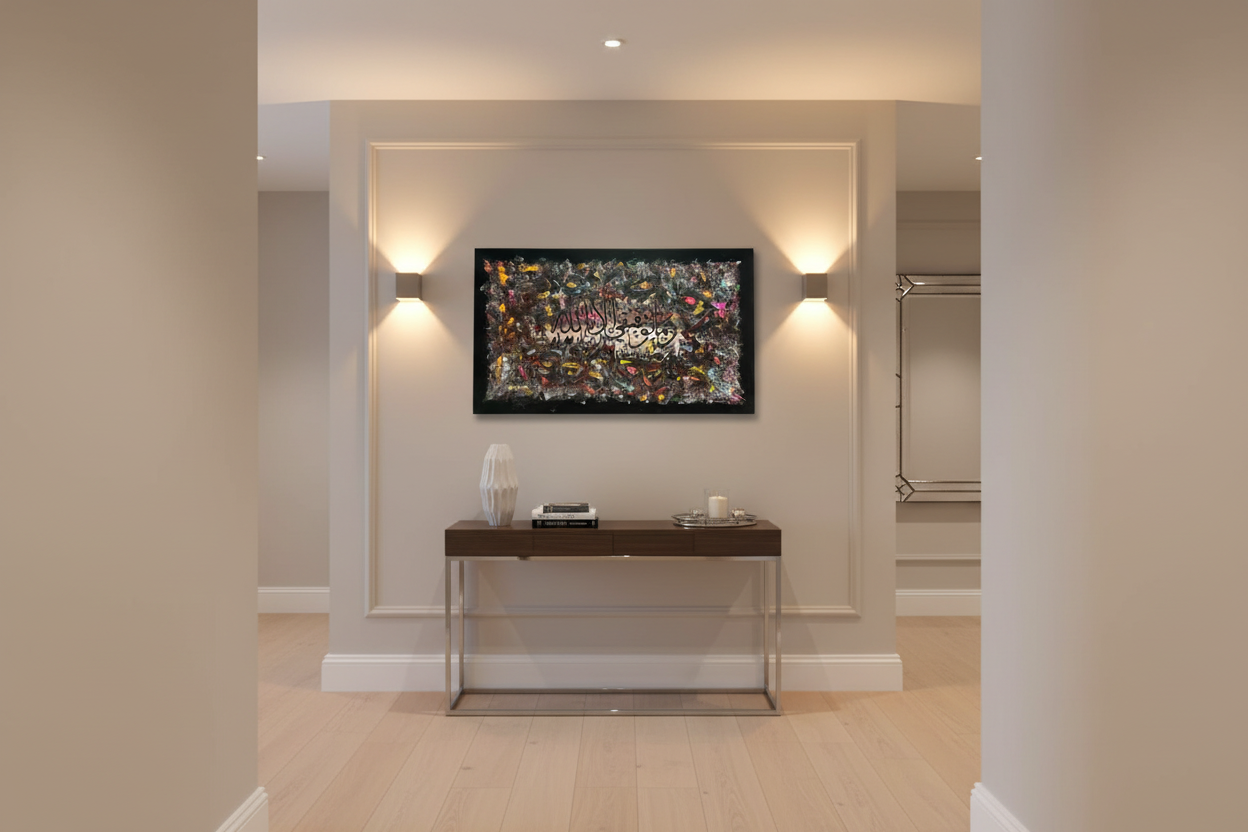 Islamic calligraphy abstract canvas wall art displayed in elegant hallway