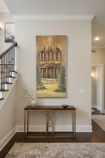 Ruins in Golden Light oil painting mounted on staircase wall, no frame