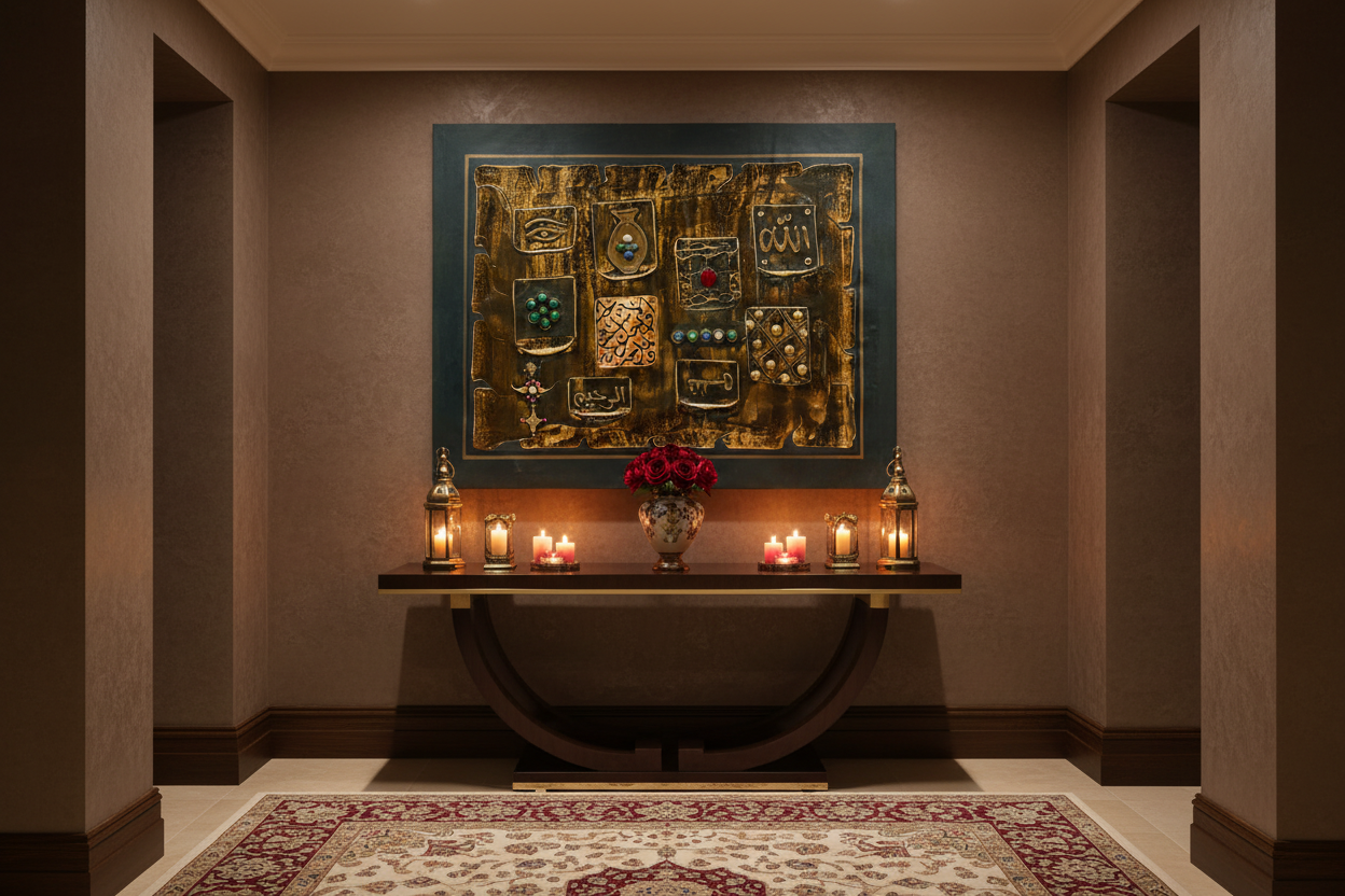 Islamic mixed media relief art displayed frameless in elegant hallway