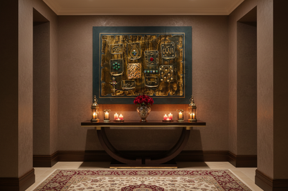 Islamic mixed media relief art displayed frameless in elegant hallway