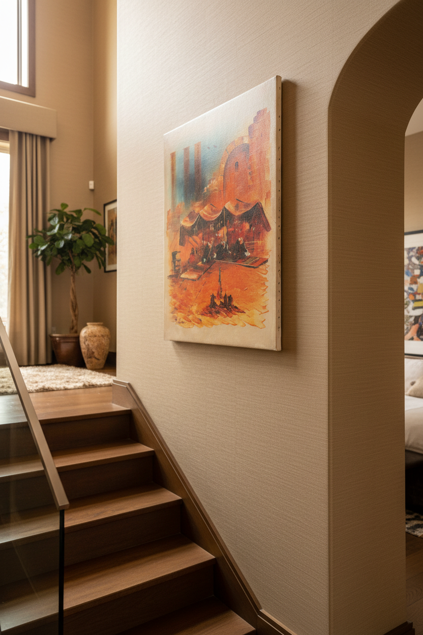 Desert encampment oil painting hung on luxury home staircase wall, no frame, lifestyle interior display