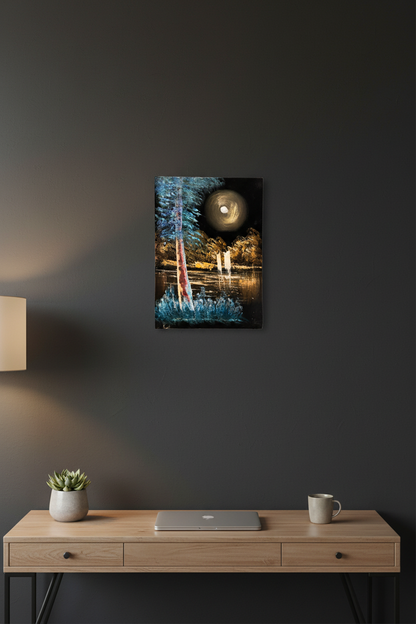 Giant full moon forest lake canvas art hung on dark charcoal accent wall in modern minimalist living room lifestyle photo