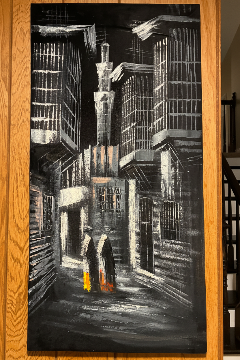 Old City Alleyway painting displayed in elegant staircase interior setting
