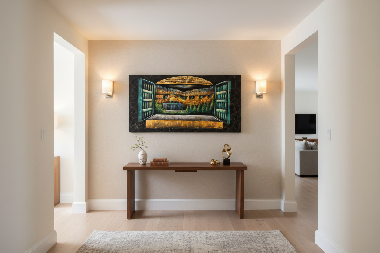 Window view of the Dome of the Rock Jerusalem canvas wall art displayed in elegant hallway