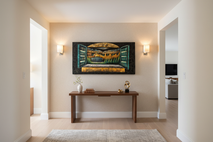 Window view of the Dome of the Rock Jerusalem canvas wall art displayed in elegant hallway