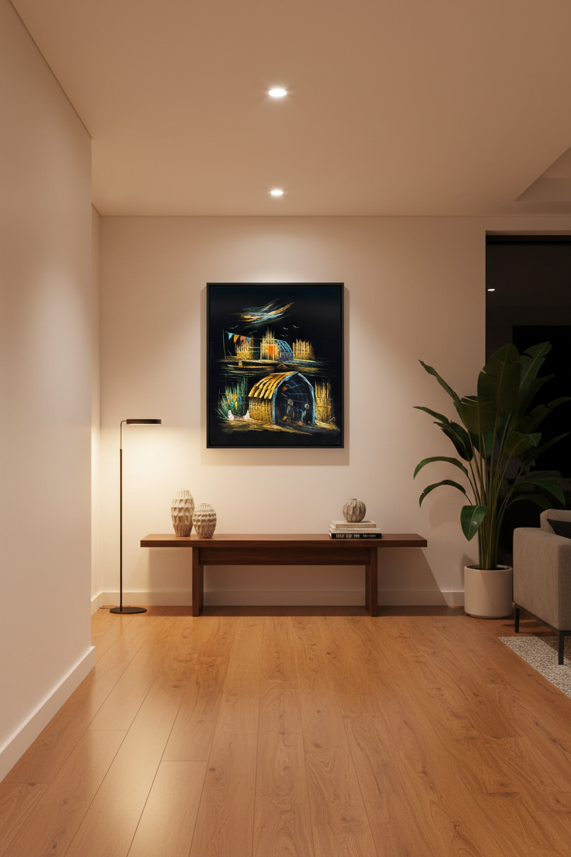 Middle Eastern marsh village canvas art staged in a home hallway