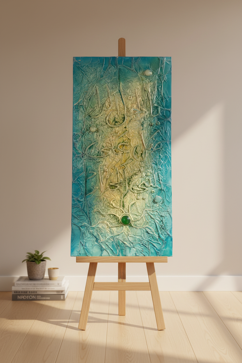 Islamic calligraphy teal aqua golden canvas displayed on art stand