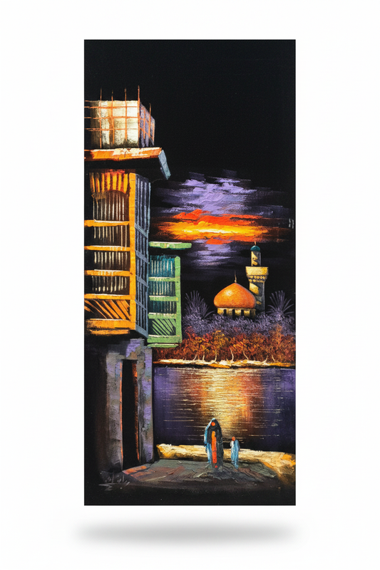 Original oil painting on white background with shadow – Middle Eastern nocturnal street scene