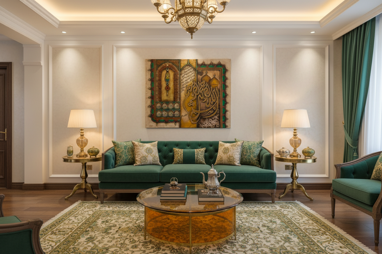 Islamic mixed media canvas art displayed in luxury living room interior