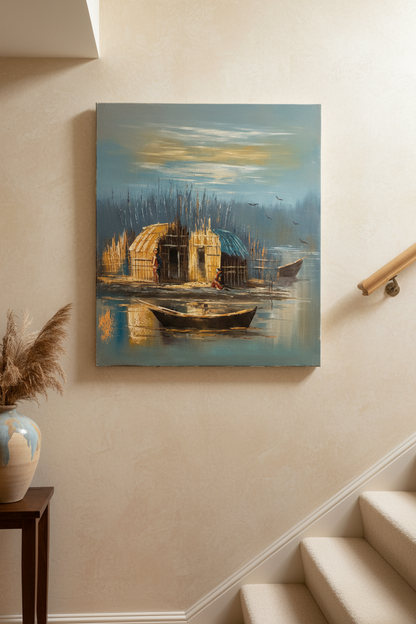 Marshland reed huts dusk oil painting hung on luxury home staircase wall, no frame, lifestyle interior display