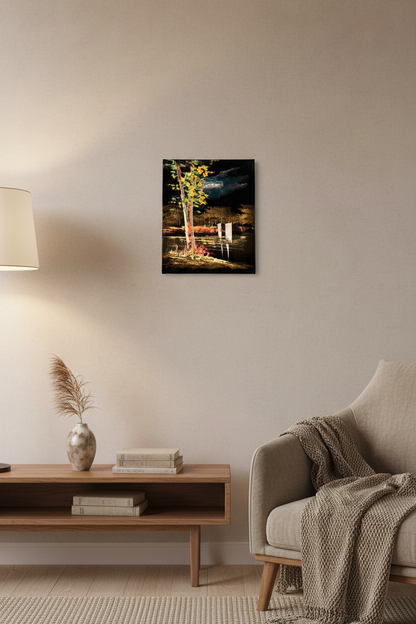 Autumn riverside night canvas art displayed in small cozy room lifestyle photo
