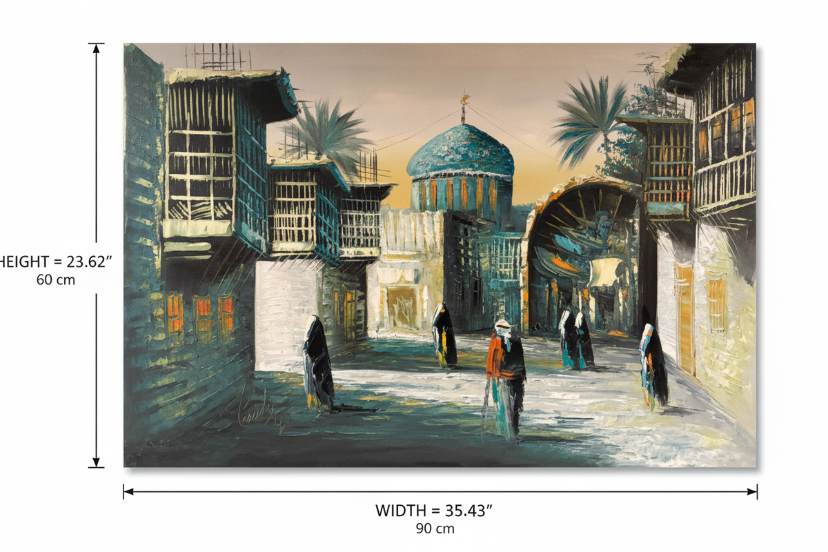 Dimension diagram of Middle East old city street oil painting showing width 35.43 inches 90 cm and height 23.62 inches 60 cm on white background