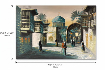 Dimension diagram of Middle East old city street oil painting showing width 35.43 inches 90 cm and height 23.62 inches 60 cm on white background
