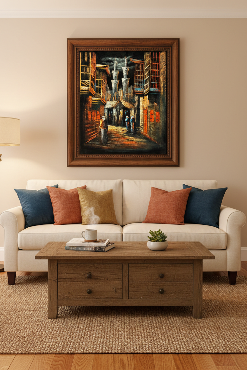 Middle Eastern old city alleyway night scene canvas art staged in a cozy living room sitting area above a sofa