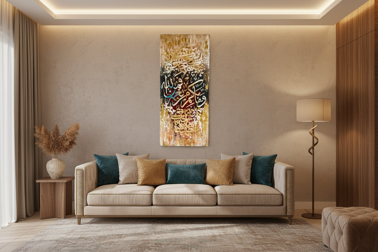 Wa Fabiayyi Ala Rabbikuma Surah Ar-Rahman calligraphy canvas wall art displayed in a modern living room, no frame